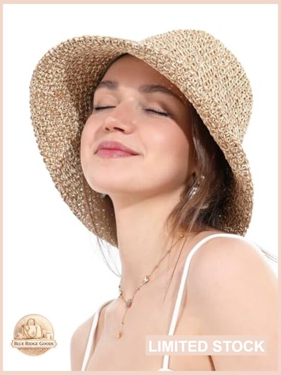 Handmade Crochet Straw Bucket Hat UPF 50+ Foldable Travel Cap Summer UV
